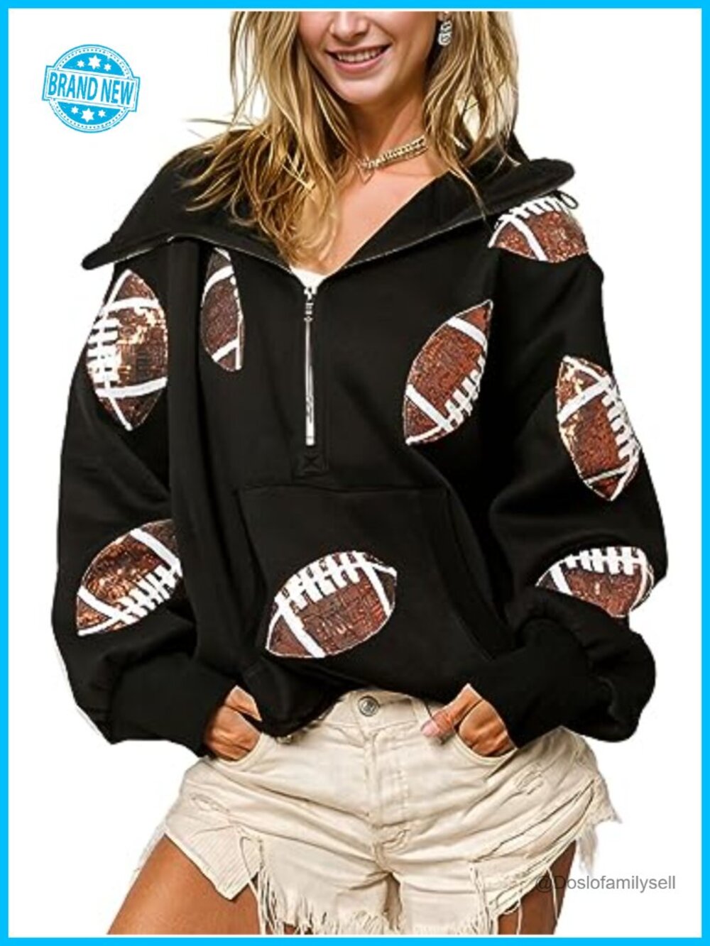 Womens Sequin Football Rugby Patches Half Zip Hoodie Relaxed Fit Pullover